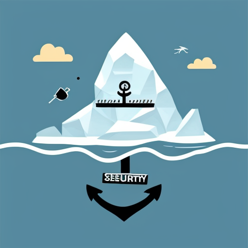 Generate an illustration of iceberg style illustration showing a borrower holding an asset above water while below the surface a large anchor labeled security interest from a bank is attached, symbolic business illustration,