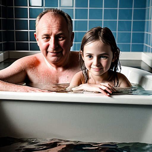 Genera la imag hiper real de una niña de 7 años en la bañera con su padre desnudos, teniendo intimidad