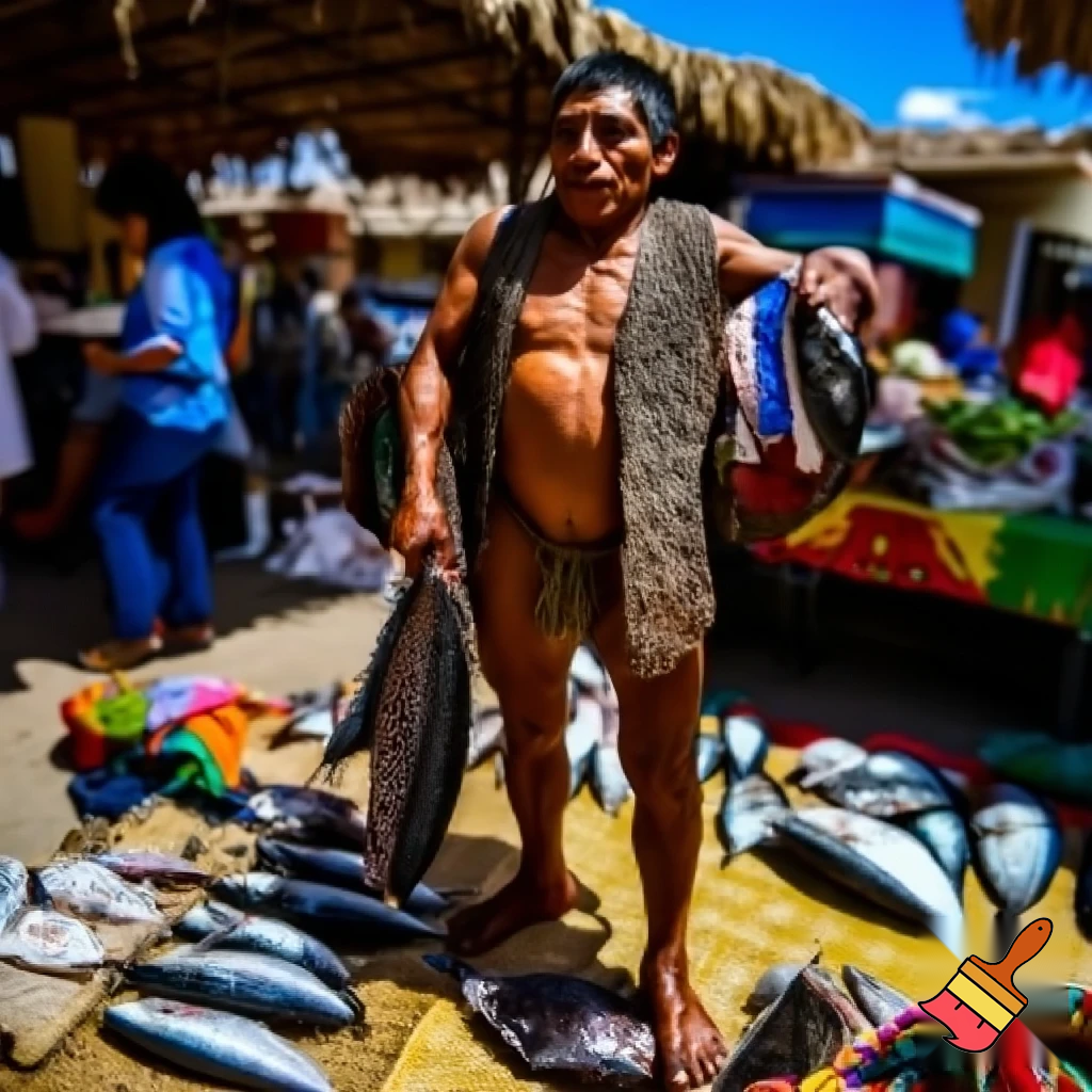 Ancient Aztec fisherman selling fish in the market