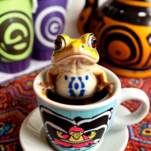 A hillarious, funny boho toad with some hippie colored coffee cups. Psychedelic decorated background.
