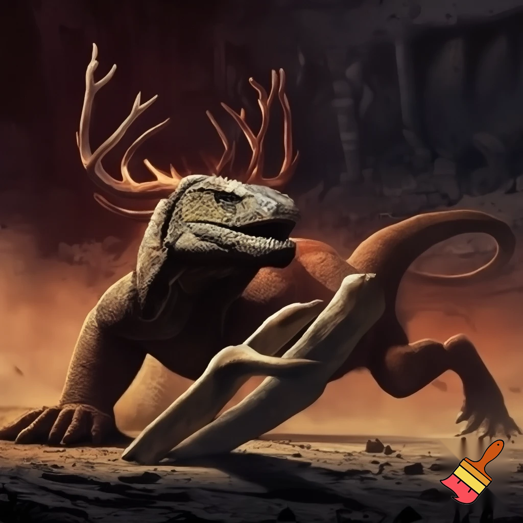 Half komodo Dragon half deer fighting with a bone
