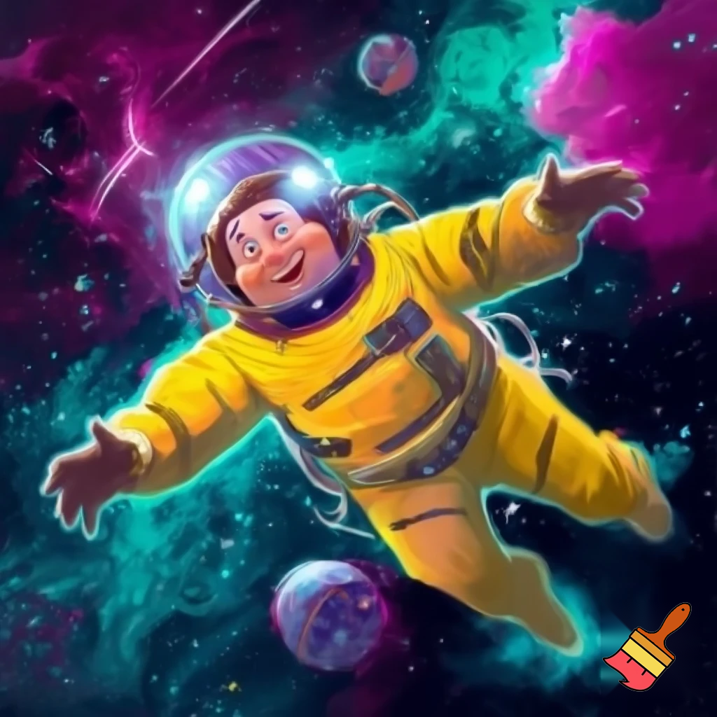 Funny guy flying in yellow space