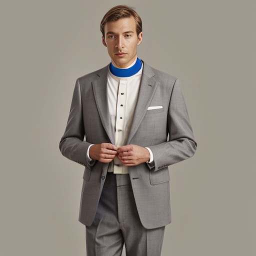 Grey suit, worn over band collar shirt, with anglican tippet