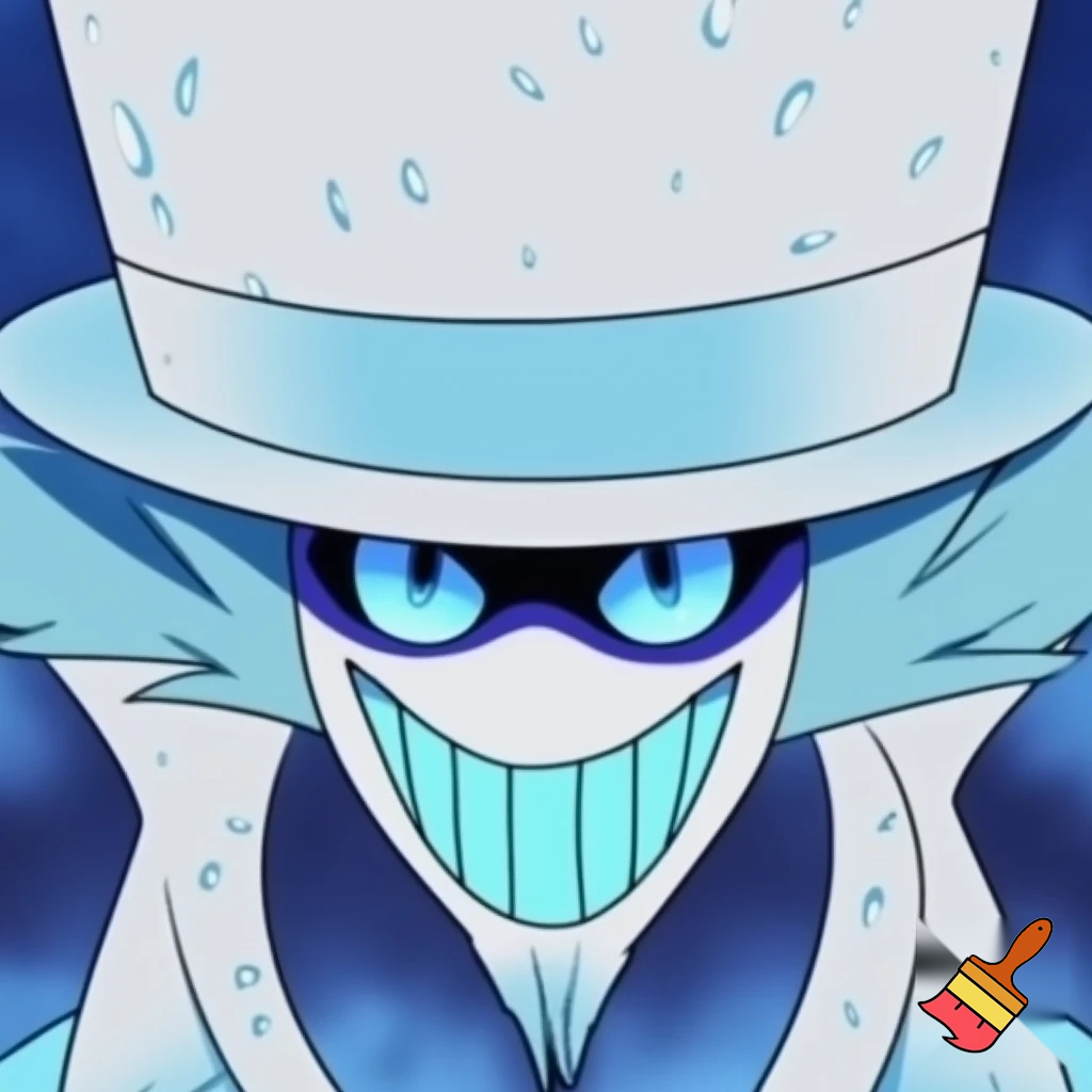 alastor wearing a white tophat with light graident, his suit is white and with light blue graident, his eyes are blue, his skin is white, and his teeth is bright light blue. 