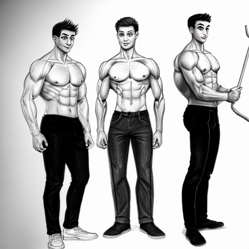 pencil drawing cartoon style of different poses of 2 men, one muscular man and one thin, underweight man with a cane

