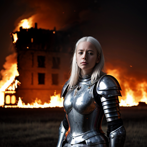 young, tall, white-haired woman in armor stands in front of a burning castle into which meteorites are falling.