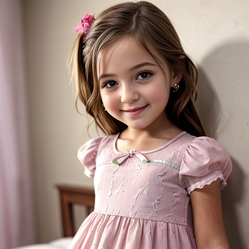 Brazil little girl at night dress, very beautiful, on the bedroom, close up