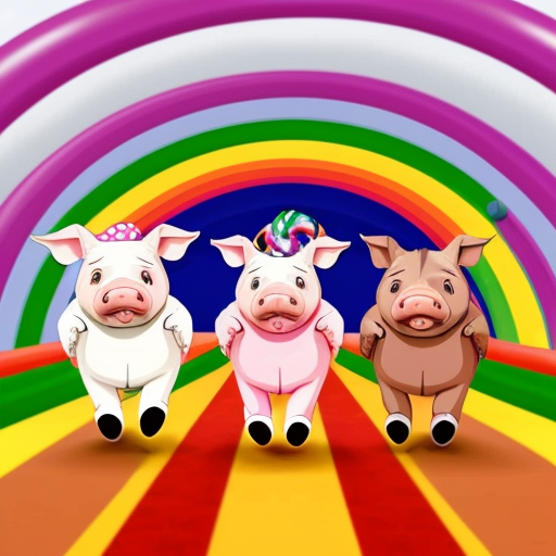 3 pigs who are roomates are walking on a rainbow bridge that oepens up to candy land