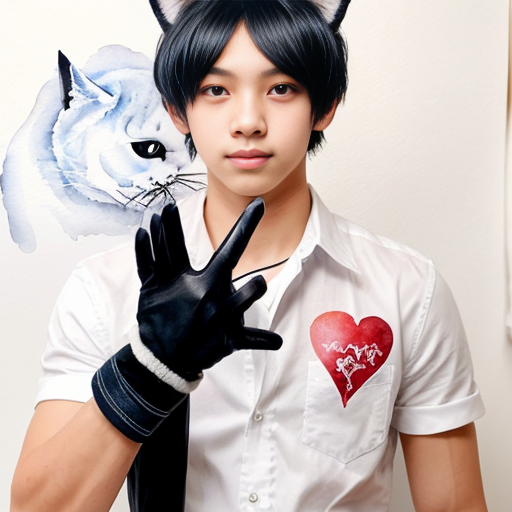 anime teenage boy with red eyes, black hair, white cat ears, a white shirt
, blue jeans, black gloves with one love heart per glove and a brown cat tail with a white stripe near the tip.