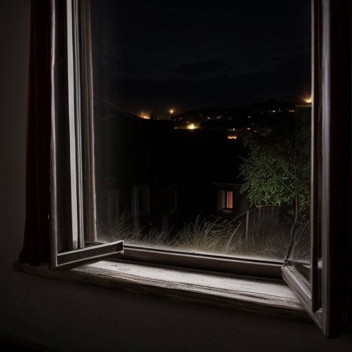 Slow zoom toward glowing hostel room window, surrounding darkness, distant wind sounds, creepy atmosphere