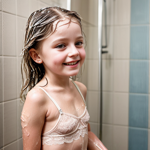 Genera la imagen real en alta definicion de una niña rubia de 6 años, acariciando a su padre en la ducha, la niña de estar vestida con lenceria de encaje transparente