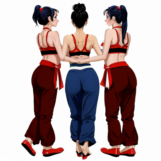 90's disney's 2d aladdin style comic dark blue background and panels of panel 1 a black haired ponytail woman with blue skin , blue harem pants, red bra and red sash and red curved slippers and with three heads walking towards viewer. 
panel 2 the head in the middle of the three headed black haired ponytail woman with blue skin , blue harem pants, red bra and red sash and red curved slippers is looking at the left head and the right head of the three headed the black haired ponytail  woman with blue skin , blue harem pants, red bra and red sash and red curved slippers. Panel 3 the middle head of the three headed black haired ponytail woman with blue skin , blue harem pants, red bra and red sash and red curved slippers is making a kiss face and still walking towards viewer. 
Panel 4 but then the two heads of the three headed the black haired ponytail barefoot woman with blue skin , blue harem pants, red bra and red sash did the same. 
Panel 5 then the three heads of the three headed black haired ponytail woman with blue skin , blue harem pants, red bra and red sash and red curved slippers started kissing the viewer. 
Panel 6 then the three headed black haired ponytail  woman with blue skin , blue harem pants, red bra and red sash and red curved slippers then turns around and raising her arms then swaying her hips. 
Panel 7 while the the three headed black haired ponytail woman with blue skin , blue harem pants, red bra and red sash and red curved slippers is shaking her butt a triangle shaped patch was on the her butt of her blue harem pants.