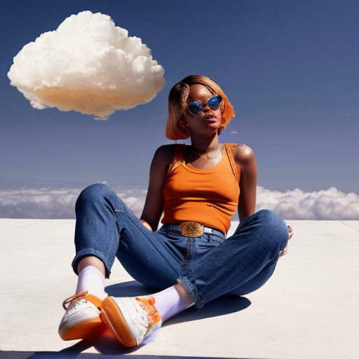 Rihanna orange tanktop belt blue short jeans purple socks orange and white sneakers on a sitting Cloud in the Sky