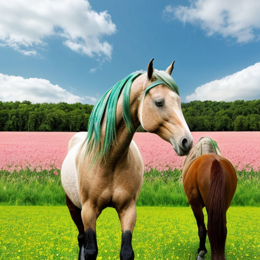Horse with pink flowers in braid of horses hair in a green field with blue sky and cloud


