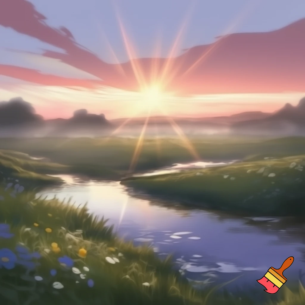 peaceful sunrise in a meadow or brook