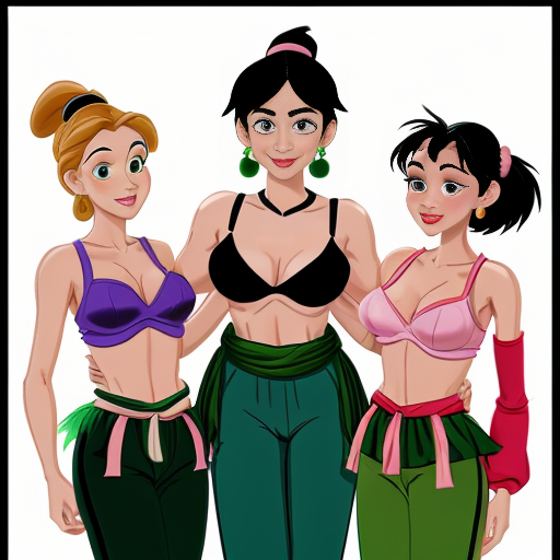 90's disney's 2d aladdin style image black background and of a three headed black haired ponytail woman with green skin,green harem pants pink bra and pink sash and pink curved slippers
