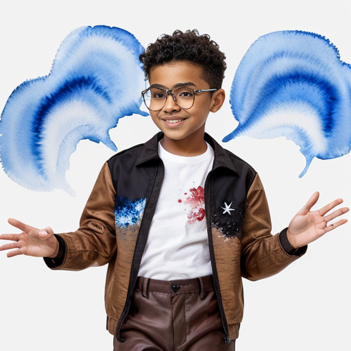 A Gacha brown skinned boy with dark brown hair, brown glasses and a brown pattern jacket with a white shirt, blue pants and black shoes. Waving at the camera 