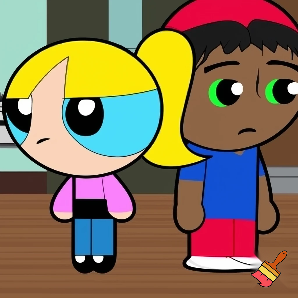 A Powerpuff-fied girl with yellow hair, blue eyes, black shoes, blue jeans, pink shirt and the ponytail. and A South Park-Fied boy with black hair, dark skin, green eyes, white shoes, red pants, blue shirt and a red cap.