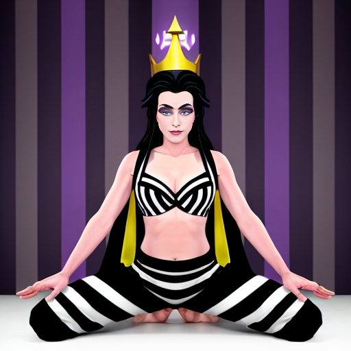90's disney's 2d aladdin style comic dark blue background of panel 1 evil queen barefoot with purple and black striped harem pants and purple and black striped bra with both hand palms place together and hiding the bottom of her mouth with a purple and black striped veil wrapped around her arms. panel 2 she danced barefoot with purple and black striped harem pants and purple and black striped bra and purple and black striped veil covering her shoulders and arms and raising legs and bounced up and down her belly and which causes an electric discharge to form which transforms her purple and black striped veil from shoulders and arms into a bolt of lightning. Panel 3 which tye evil queen barefoot with purple and black striped harem pants and purple and black striped bra grabs the lightning bolt from her shoulders and arms with one hand. panel 4 then the evil queen barefoot with purple and black striped harem pants and purple and black striped bra rubs the lightning bolt on her butt with the lightning bolt against her butt and shook her hips left and right. panel 5 then as the evil queen barefoot with purple and black striped harem pants and purple and black striped bra still shook her butt left and right she turns and her butt is now facing the viewer while rubbing the lighting bolt with her.