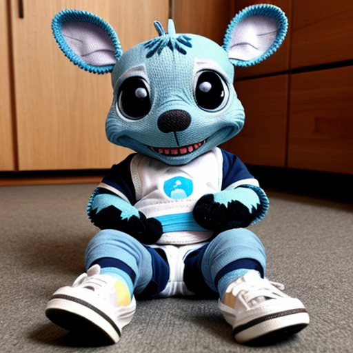 Stitch as a giant sitting down wearing his diaper and sneakers 