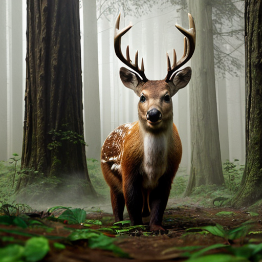 A gentle, intelligent-looking female deer named Mimi stands in a misty, magical forest. She wears a classic tweed deerstalker hat, like an old-fashioned detective. Perched playfully between her antlers is a tiny, energetic squirrel, acting as a lookout, peering into the distance. In the foreground, a large bear footprint and a bright red berry lie on the forest floor, being carefully examined through a shiny magnifying glass held near them. The forest is full of tall trees with soft green leaves, beams of sunlight shining through the mist, and dappled light on the ground. The mood is “whimsical mystery” — cozy, curious, and slightly foggy, with soft, storybook-style colors and gentle expressions on the animals’ faces