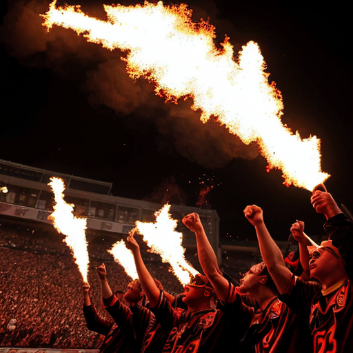 Create a pyro show of a fan curve. The pyros are supposed to be red and ignited by almost everyone. In addition, a banner will be shown: AUF GEHTS VICTORIA, KÄMPFEN UND SIEGEN!