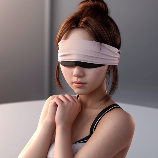 Anime girl with a scrunchie bun wearing a cloth blindfold blinding her