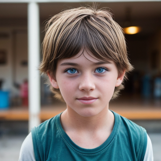 A girl with brown hair blue eyes that looks kinda like storm boy about 10 years old 