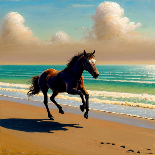 cavallo che corre sulla spiaggia con mare agitato e cielo annuvolato. L'immagine deve essere pittoresca e assomigliare a un dipinto a olio.