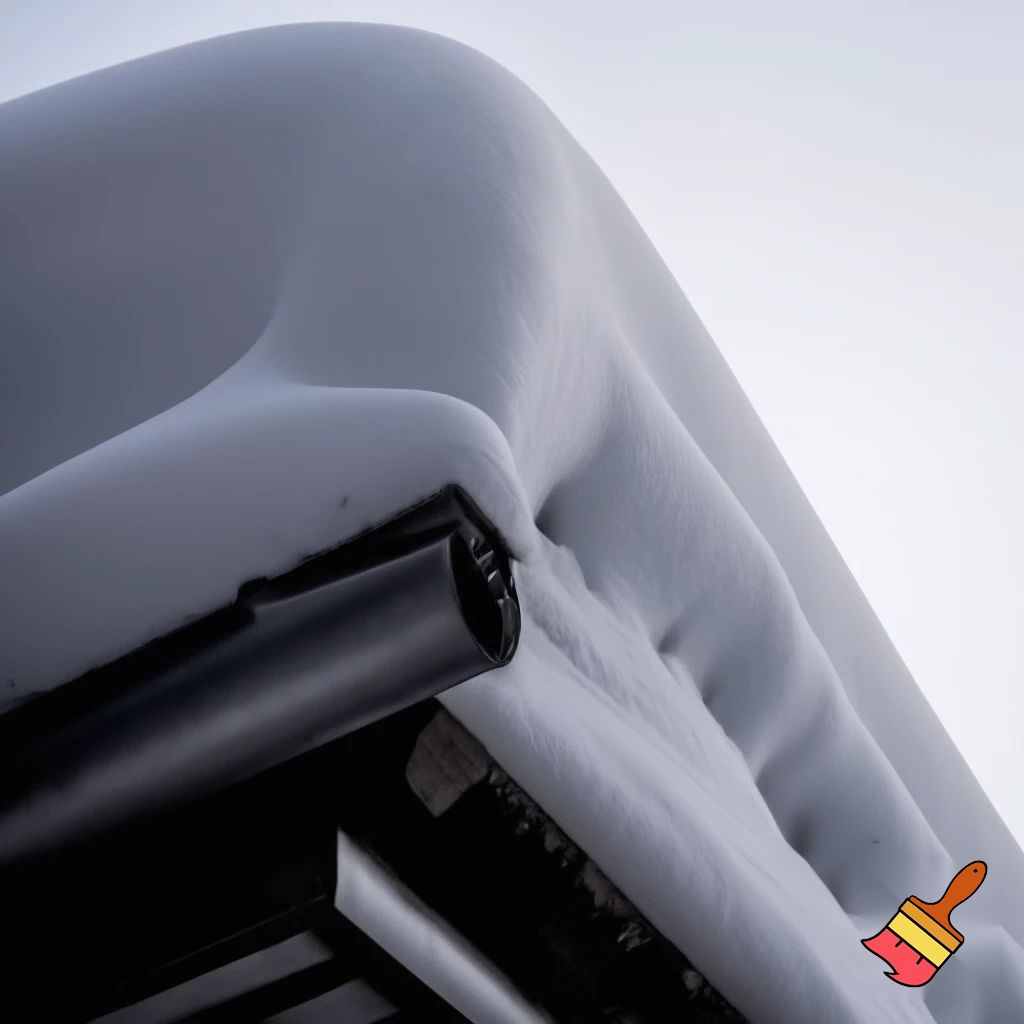 Create a realistic image looking up at the edge of a building with a low sloped curved roof that has snow accumulation on the roof surface. Show that the roof has a tube style snow retention barrier fastened along the roof edge above a drainage gutter that is mostly covered with accumulated snow.
