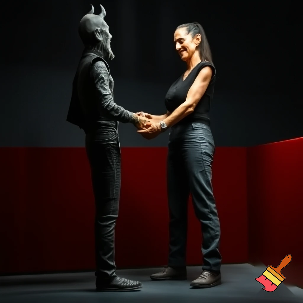 claudia sheinbaum holding hands with the devil and smiling, full body, making deals