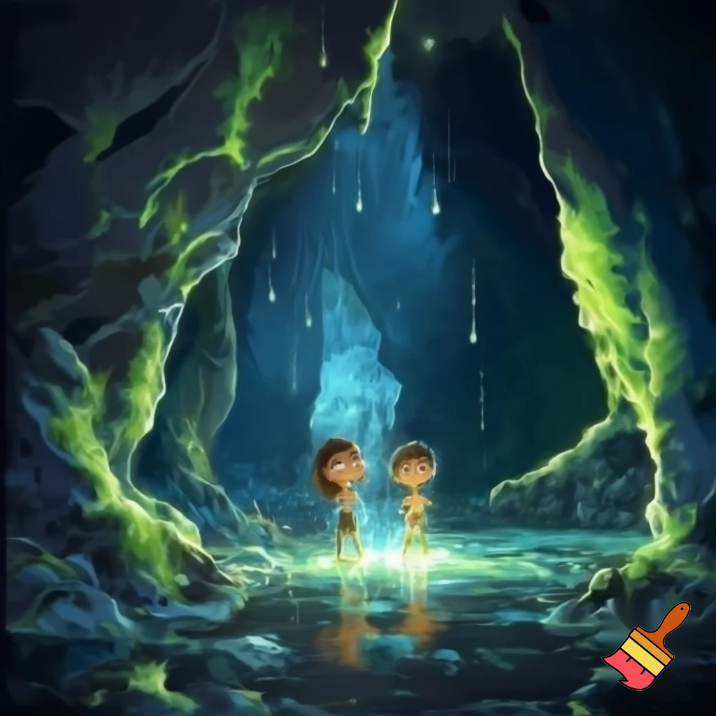 Girl and boy in cave with water
