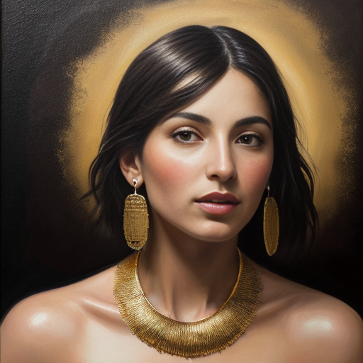 Ultra-realistic oil painting portrait of a confident young Black woman with voluminous curly dark hair accented with thick, textured gold paint strokes, wearing long gold drop earrings and an ornate multi-strand gold statement necklace with large circular pendants, dressed in a thin-strapped 
gold metallic satin-top. She has warm deep brown skin with smooth, blended oil paint brushstrokes defining her full lips, and sharp dark eyebrows, with direct eye contact toward the viewer. 
The background is a textured gold canvas with visible thick, expressive impasto brushstrokes in varying shades of warm gold and deep bronze. 
Medium close-up shot, eye-level camera angle, centered composition, soft directional side lighting creating warm specular highlights on her skin, jewelry, and hair, with soft, blended shadows that enhance the dimensionality of the paintwork. A rich, warm color palette of browns, warm gold, and amber characterizes this luxurious, high-quality artistic style in the spirit of Lee Bogle.
The pronounced impasto texture of the oil painting permeates the entire artwork. The atmosphere feels atmospheric, majestic, and elegant. High resolution, sharp detailed brushwork.  
