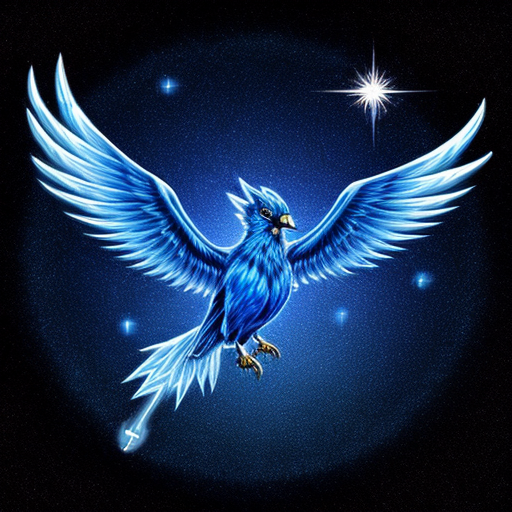 a magical spirit blue bird phoenix glowing and  transparent like smoke with a black starry night sky background