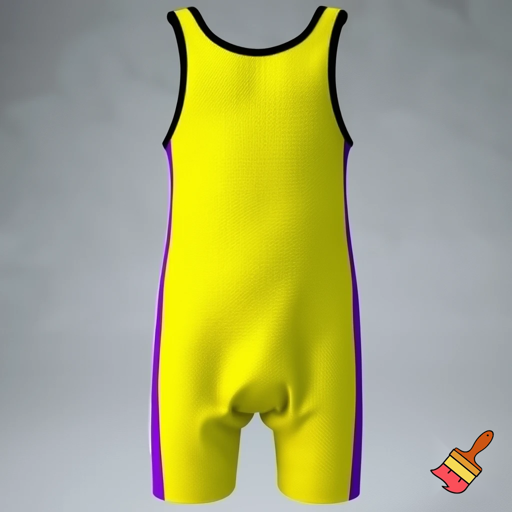 a full view yellow singlet with a black stripe around the edge than a purple one before it 