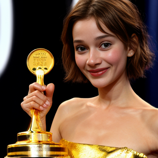 the emotion proud one person gold holding trophy Pixar cartoon style gold skin  happy pretty  gold face inside out movie