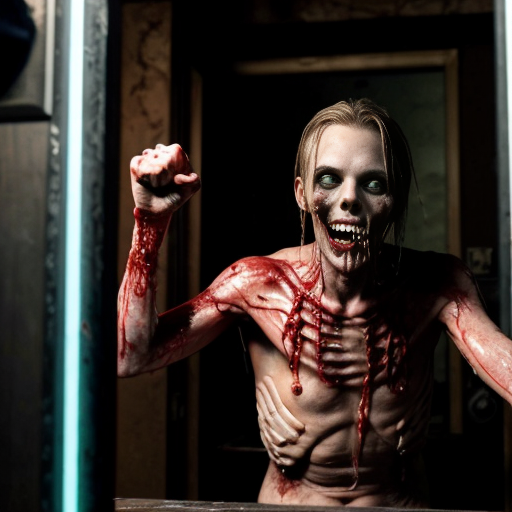 a dimly lit, smoke-choked dive bar plunged into chaos as rotting, Fulci-style zombies burst through the shattered front door and windows. Their decayed faces glisten with wet, stringy gore, eyeballs milky-white or dangling from sockets, as they lurch forward with grotesque hunger. A bartender’s head is halfway torn off, arterial spray arcing across the neon beer signs, while a patron screams mid-bite, intestines spilling from a zombie’s fist like wet rope. Glass shards and broken stools litter the sticky floor, now slick with blood and spilled liquor. One zombie’s jaw hangs by a tendon, its teeth buried in a biker’s neck as he futilely tries to shove it off, his fingers sinking into its putrid flesh. The lighting—sickly green and flickering—casts everything in a nightmarish glow, amplifying the visceral horror of entrails, shattered teeth, and the gleam of exposed bone