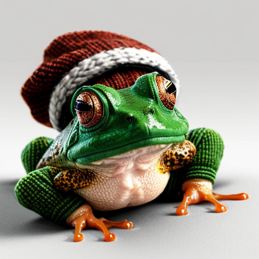 A laughable, puzzled animal toad in woolen, multicoloured winter clothings with woolen winter cap. Hyperrealistic art style.