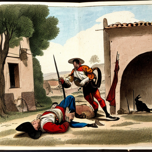 Illustration of a scene from Don Quixote, Scene 7.
A muleteer (arriero) punching Don Quixote.
Don Quixote falling to the ground, armor damaged.
Sancho Panza nearby, shocked and worried.
Old Spanish inn in the background.
Action scene but educational, not violent.
Classic book illustration style, 17th century Spain.
Soft colors, hand-drawn, clear composition.



