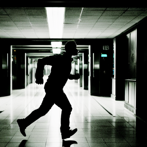 "A dark, eerie airport, with an ominous, distorted atmosphere. The interior is dimly lit, with flickering lights casting long shadows. In the distance, a shadowy figure with glowing red eyes is running towards a frightened young man, whose heart races in fear. The airport seems warped, with the walls stretching and shifting unnaturally. The young man is sweating and breathing heavily, looking back as he sprints toward an open door. The figure chasing him has a twisted, wide smile and jagged black teeth. The clock on the wall is moving backwards at an alarming speed. The air is thick with suspense, the atmosphere cold and foreboding, creating a sense of impending doom."