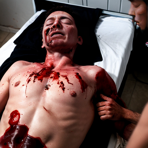 A corpse shirtless man, died, face are hiding by shirt, eye closed, chest fully opened wounded, blood everywhere.