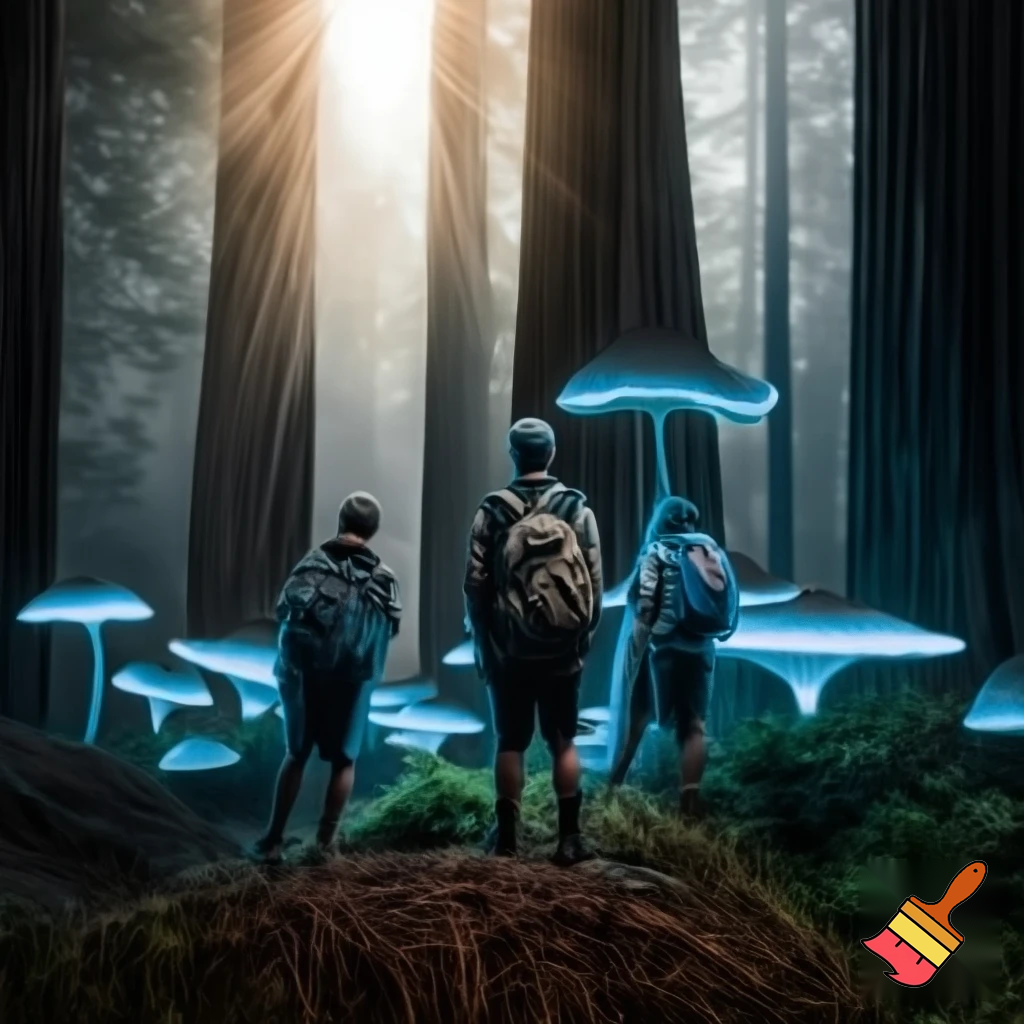 scouts in redwood forest with titanic mushrooms