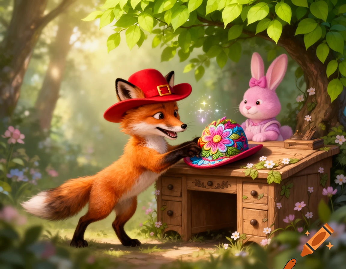 so the fox with a red hat sneek inside of the pink rabbit deask and garb her magic flower