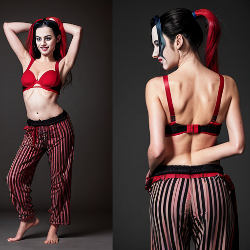 90's disney's 2d aladdin style comic dark blue background and panels of panel 1 a black and red striped cobra slithering then it hears music while it's hood is up which triggers the loop of it's body. 
Panel 2 and eventually the black and red striped cobra transforms into Harley Quinn barefoot with black and red striped harem pants and bra and veil wrapped around her arms and shoulders. 
Panel 3 Harley Quinn barefoot with black and red striped harem pants and bra and veil wrapped around her arms and shoulders with both hand palms place together and hiding the bottom of her mouth, 
panel 4 she danced barefoot with black and red striped harem pants and bra veil wrapped around her arms and shoulders and raising legs and bounced up and down her belly and shook her hips left and right. panel 5 as Harley Quinn barefoot with light black and red striped harem pants and bra and veil wrapped around her arms and shoulders spreading her arms, happily revealing her face to the viewer and giving a smile as she turns around swaying her big butt left and right. 
Panel 6 as Harley Quinn barefoot with black and red striped harem pants and bra and veil wrapped around her arms and shoulders did she faded away except her big butt. 