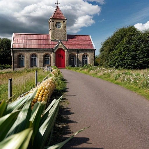 Asland Human peoples and children with sci-fi futuristic clothing at the Asland village with flag of Asland with white field and red-linned black saltire, beige sci-fi futuristic houses with red brick sci-fi futuristic roofs, grey sci-fi futuristic houses with red brick sci-fi futuristic roofs, beige sci-fi futuristic Catholic church with red brick sci-fi futuristic roof, road, gardens, corn fields, meadows taiga forest, hills and cloudy sky in May 2621.