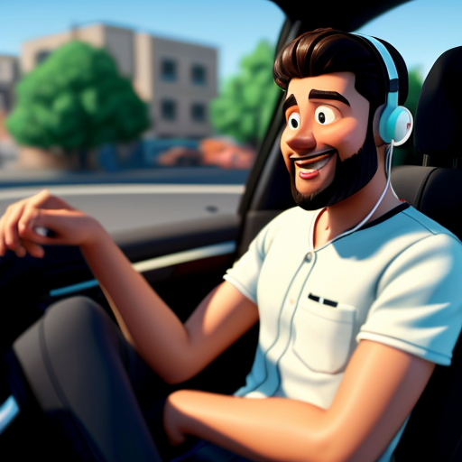 Pixar-style 3D cartoon, young Muslim man, 20 years old, beard, black jeans, white shirt, sitting in a car, holding phone to his ear, answering a call, relaxed pose, big expressive cartoon eyes, friendly smiling face, city visible through car windows in the background, bright colors, cinematic lighting, simple cartoon style
