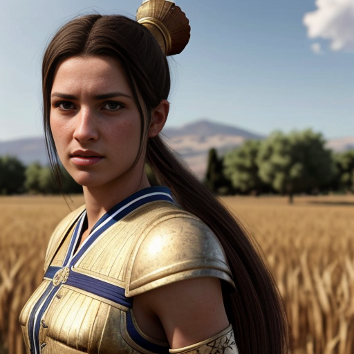 i would like an a ancient greek female fighter in clothes of 1821 of greece and lastly i want her to be happy and proud and  from a distansce, in a field