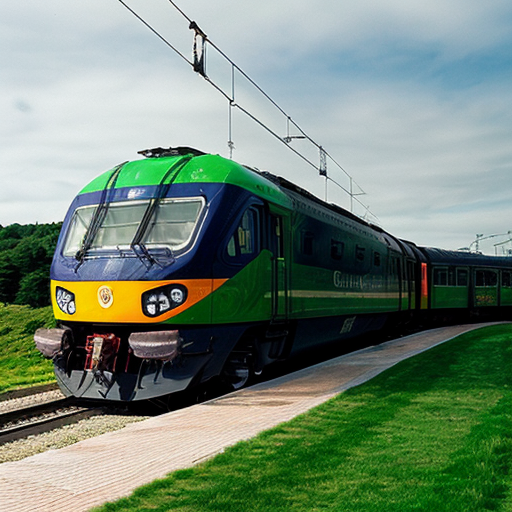 a train traveling with greenfields in background with irish flag