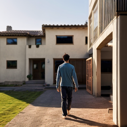 He is has just woken up. He gets out of bed in his boxes and walks through his house. He eventually walks outside. The morning breeze hits him