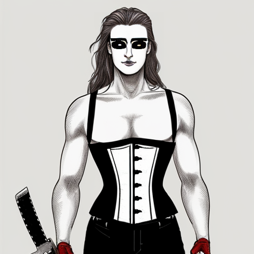 make a rough sketch of a feminine man, (tall and slender body type, white long hair, corset and red eye) and holding a chainsaw